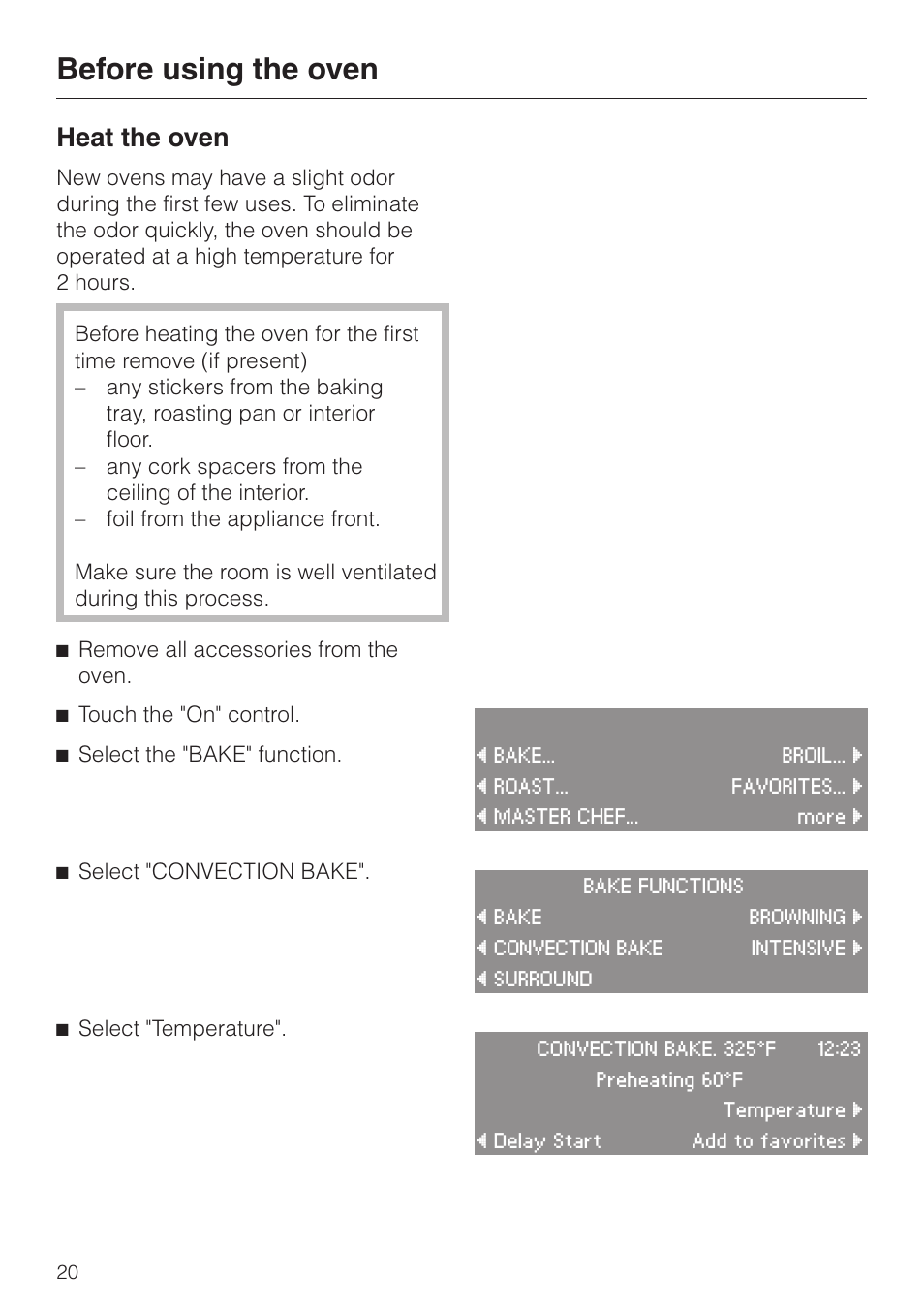 Before using the oven 20, Before using the oven, Heat the oven | Miele H4680B User Manual | Page 20 / 76