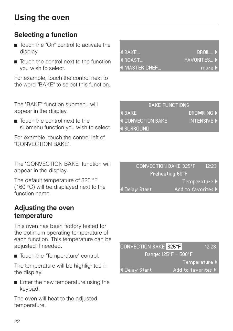 Using the oven 22, Selecting a function 22, Adjusting the oven temperature 22 | Using the oven, Selecting a function, Adjusting the oven temperature | Miele H4680B User Manual | Page 22 / 76