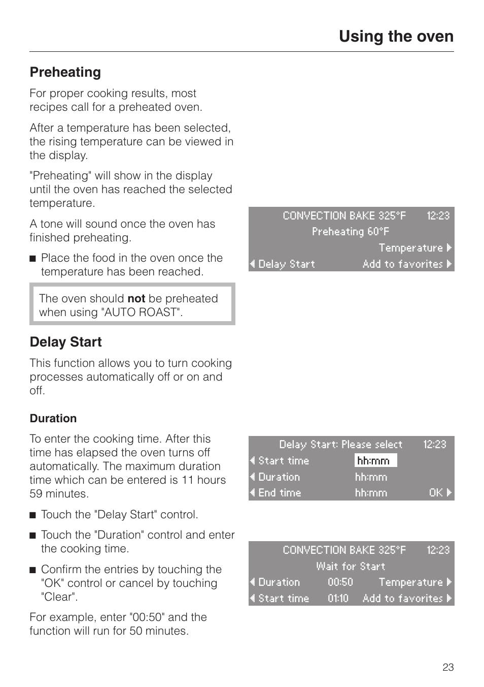 Preheating 23, Delay start 23, Duration 23 | Using the oven, Preheating, Delay start | Miele H4680B User Manual | Page 23 / 76