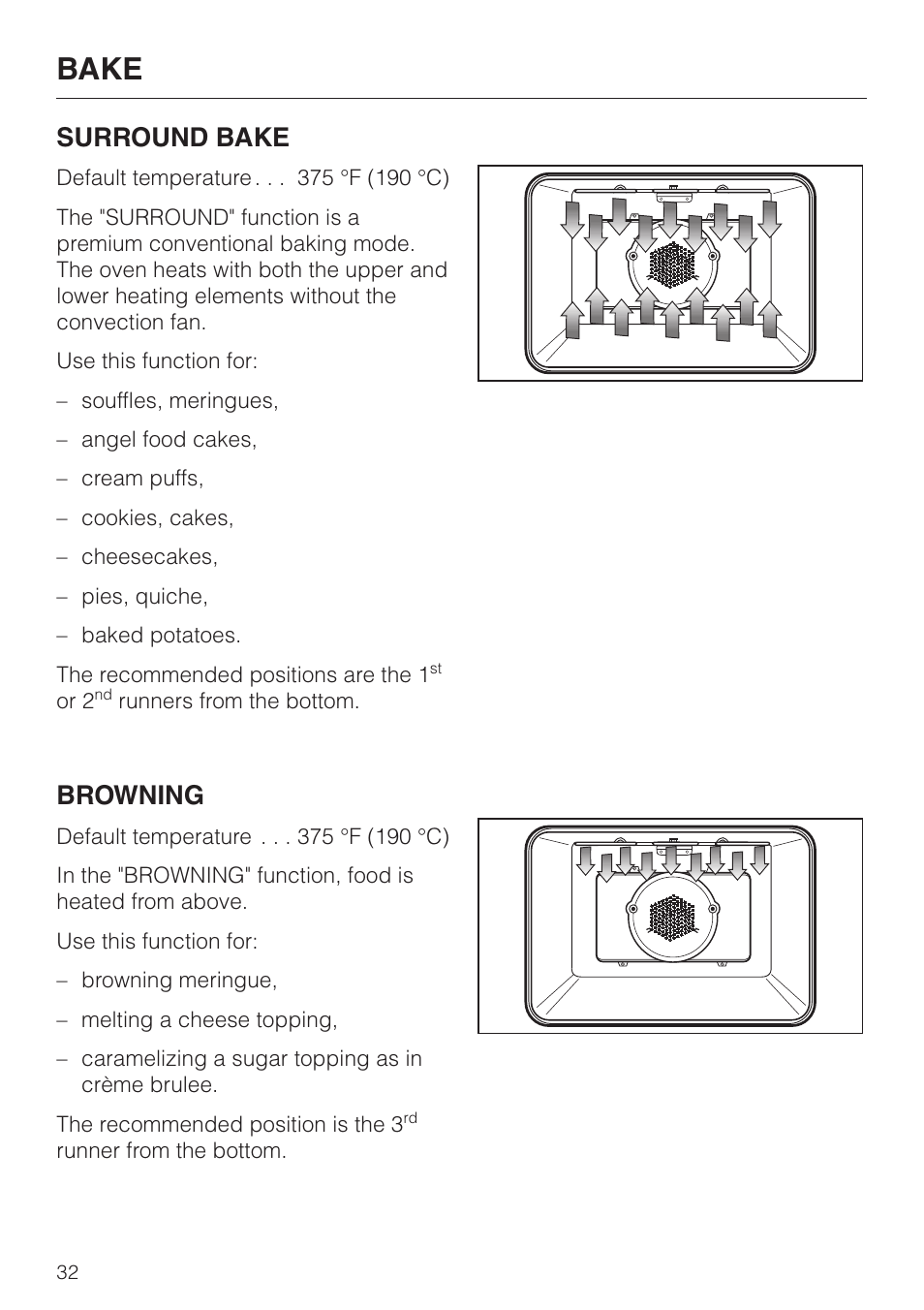 Bake, Surround bake, Browning | Miele H4680B User Manual | Page 32 / 76