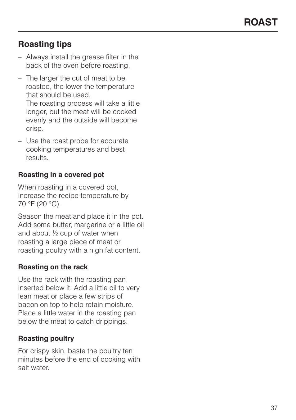 Roasting tips 37, Roast, Roasting tips | Miele H4680B User Manual | Page 37 / 76