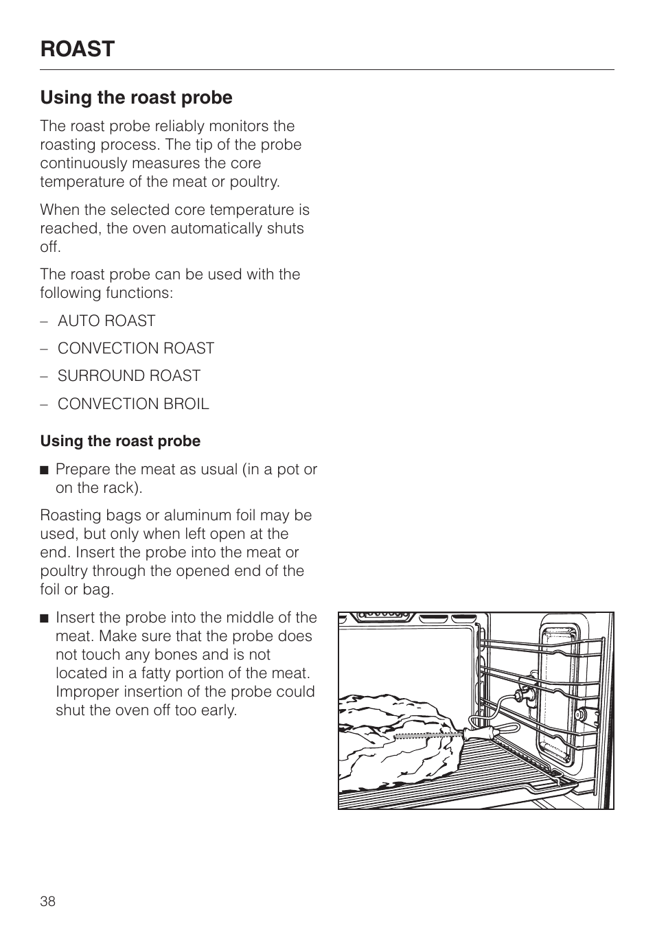 Using the roast probe 38, Roast, Using the roast probe | Miele H4680B User Manual | Page 38 / 76