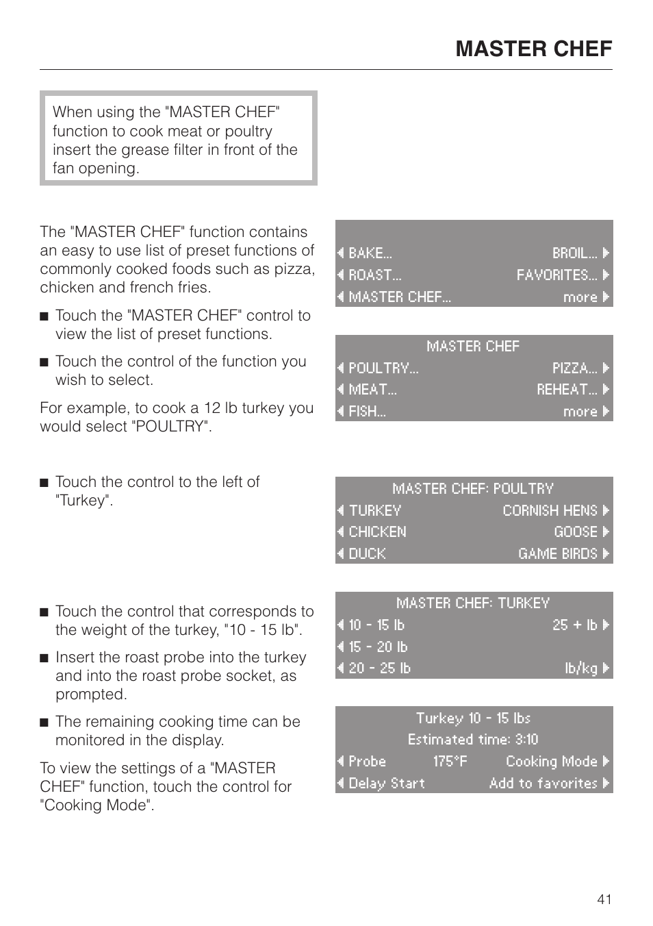 Master chef 41, Master chef | Miele H4680B User Manual | Page 41 / 76