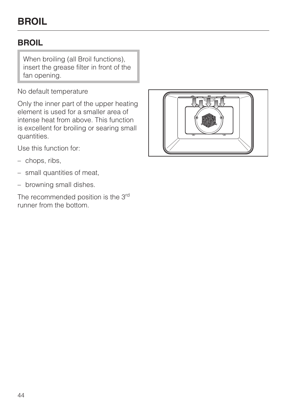 Broil 44, Broil | Miele H4680B User Manual | Page 44 / 76