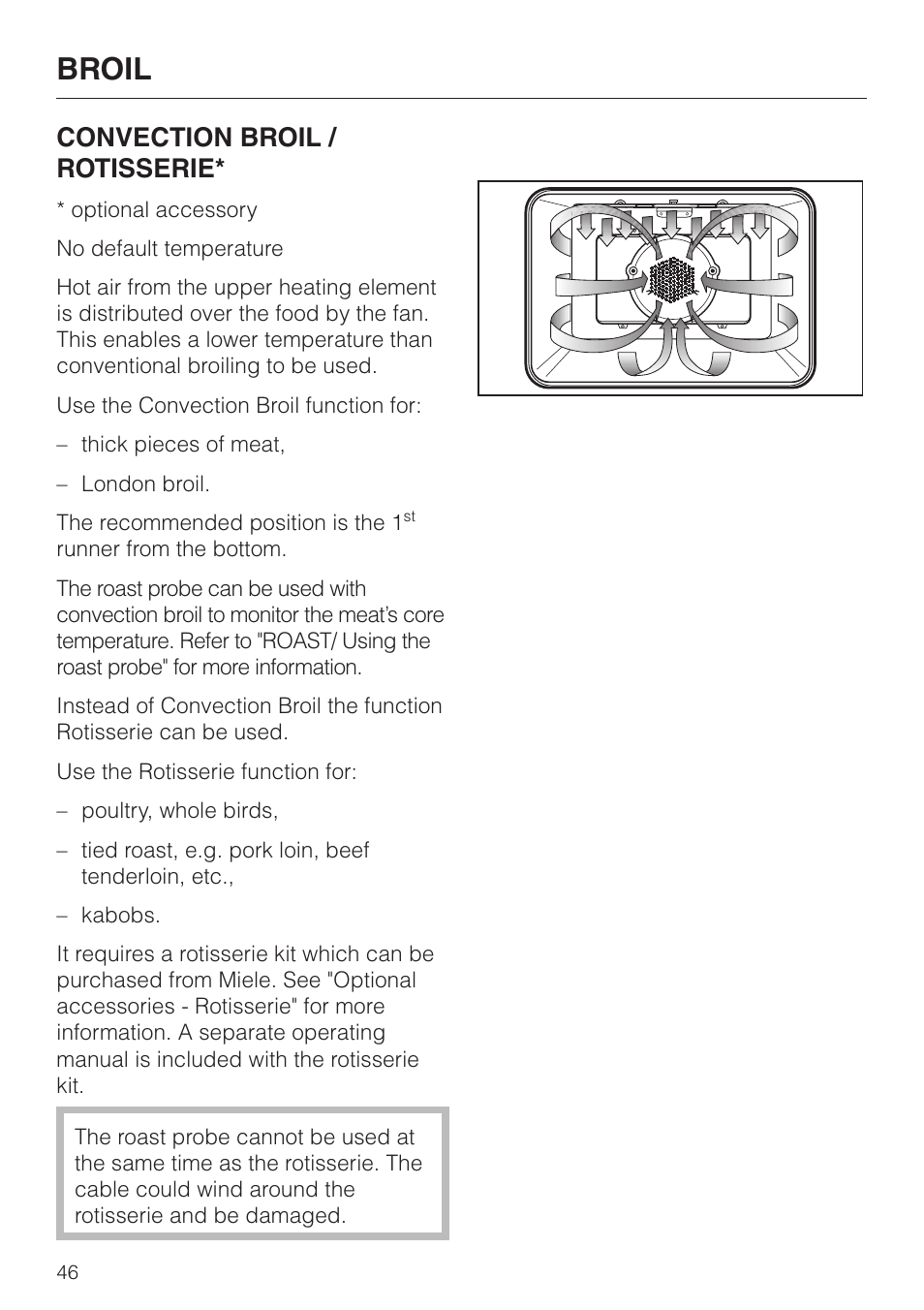 Broil, Convection broil / rotisserie | Miele H4680B User Manual | Page 46 / 76