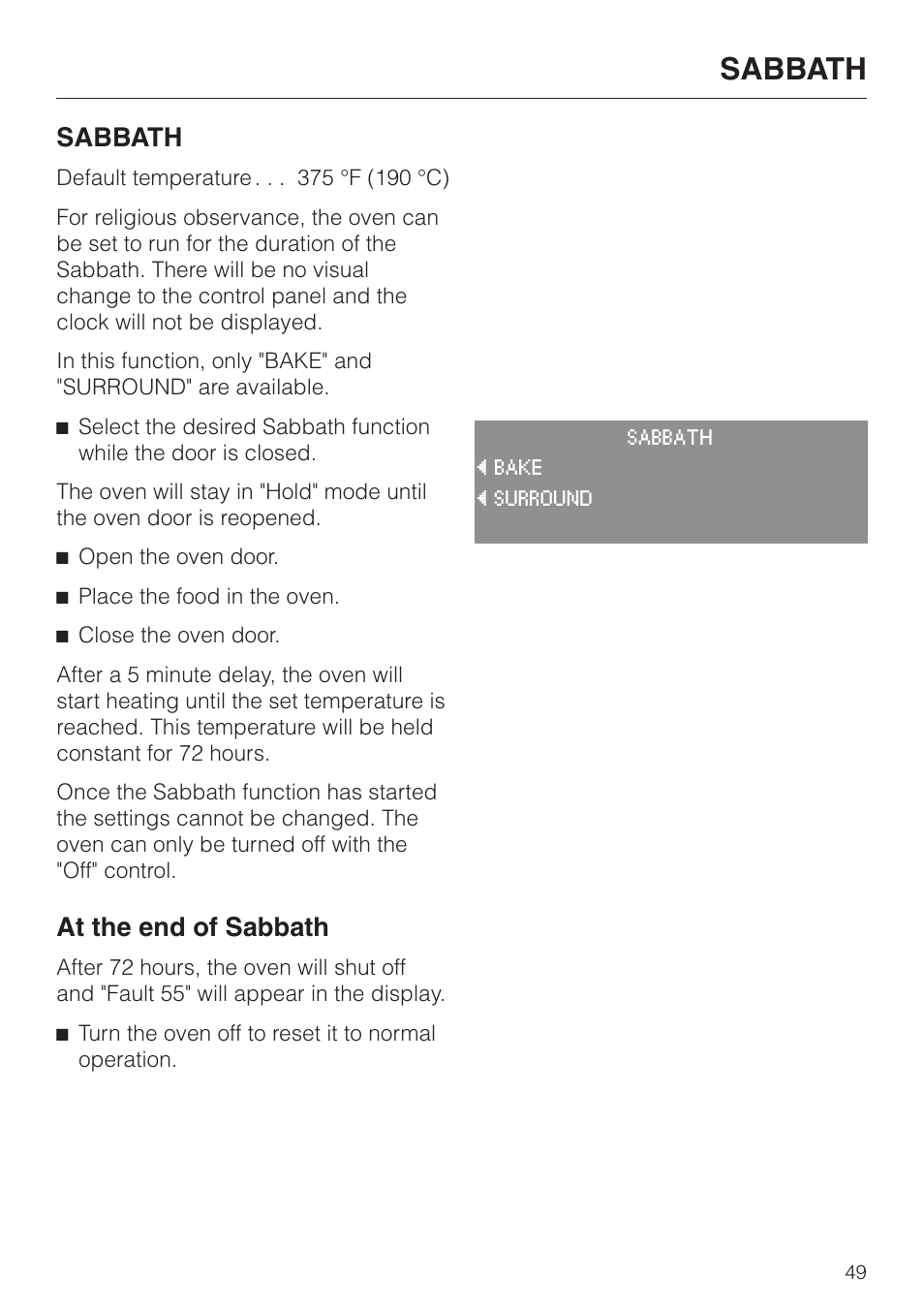 Sabbath 49, Sabbath, At the end of sabbath | Miele H4680B User Manual | Page 49 / 76