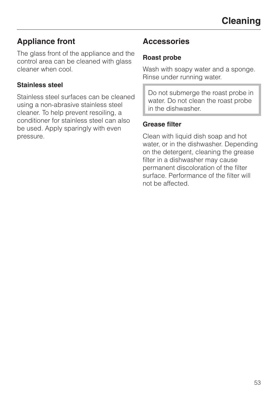 Cleaning 53, Cleaning, Appliance front | Accessories | Miele H4680B User Manual | Page 53 / 76