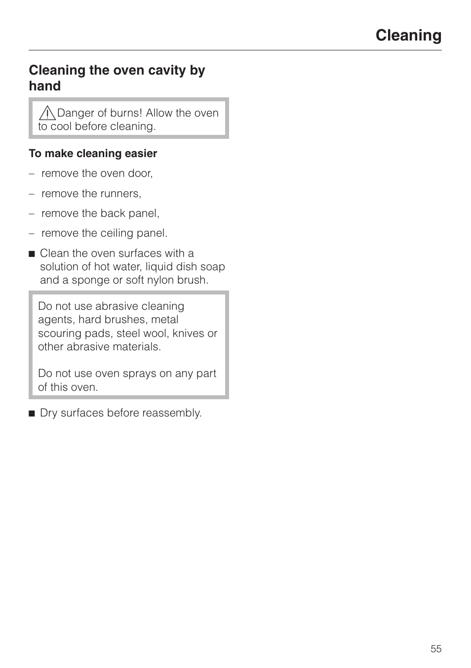 Cleaning, Cleaning the oven cavity by hand | Miele H4680B User Manual | Page 55 / 76