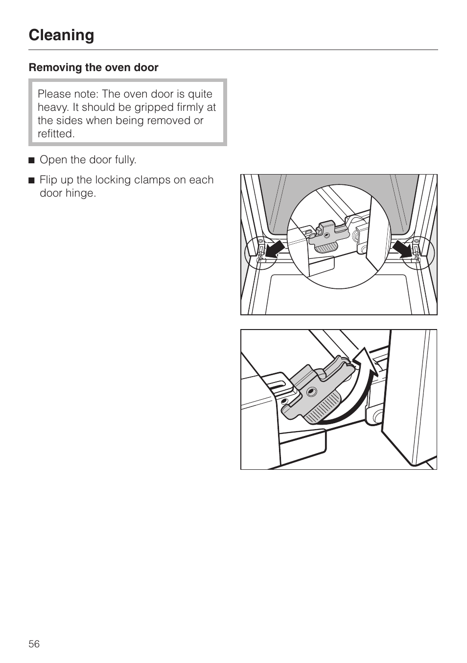 Removing the oven door 56, Cleaning | Miele H4680B User Manual | Page 56 / 76