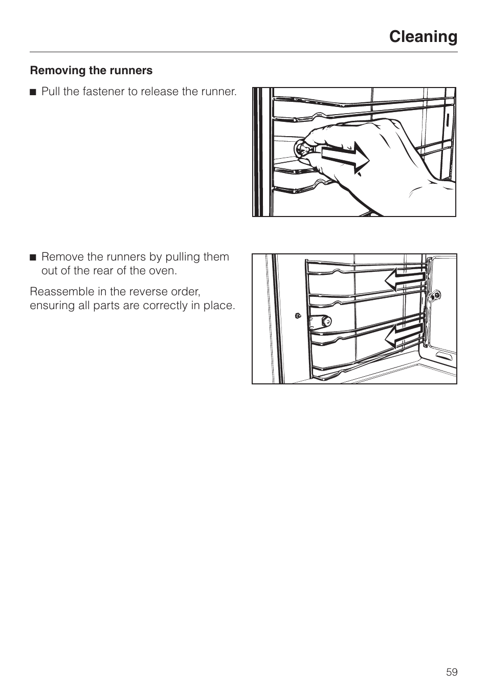 Removing the runners 59, Cleaning | Miele H4680B User Manual | Page 59 / 76