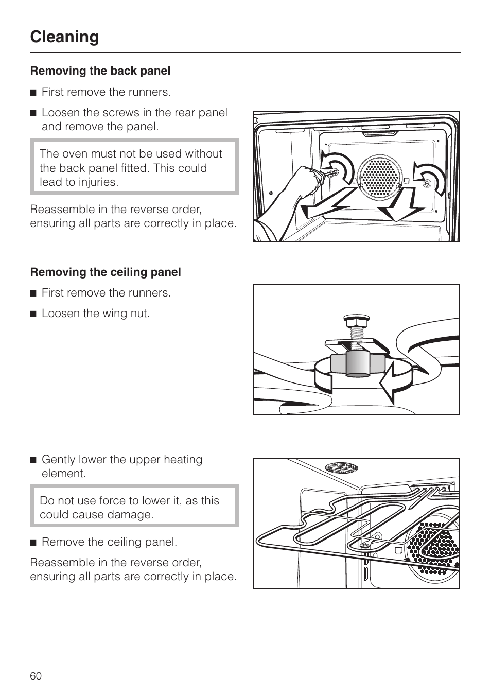 Removing the back panel 60, Removing the ceiling panel 60, Cleaning | Miele H4680B User Manual | Page 60 / 76