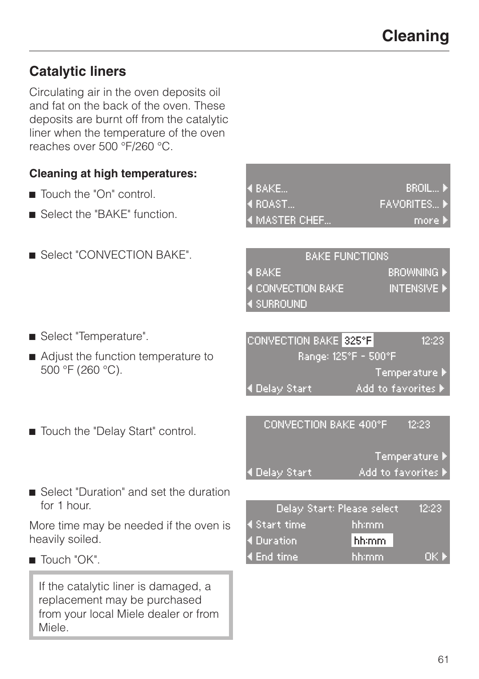 Catalytic liners 61, Cleaning, Catalytic liners | Miele H4680B User Manual | Page 61 / 76