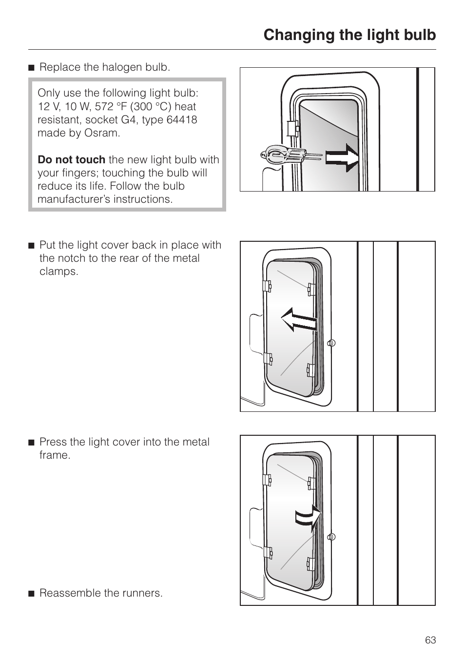 Changing the light bulb | Miele H4680B User Manual | Page 63 / 76