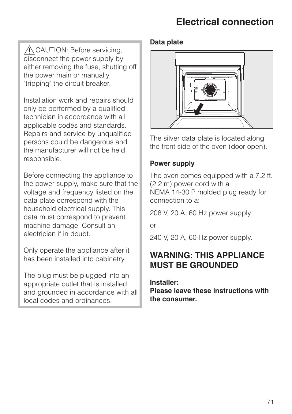 Electrical connection 71, Electrical connection, Warning: this appliance must be grounded | Miele H4680B User Manual | Page 71 / 76