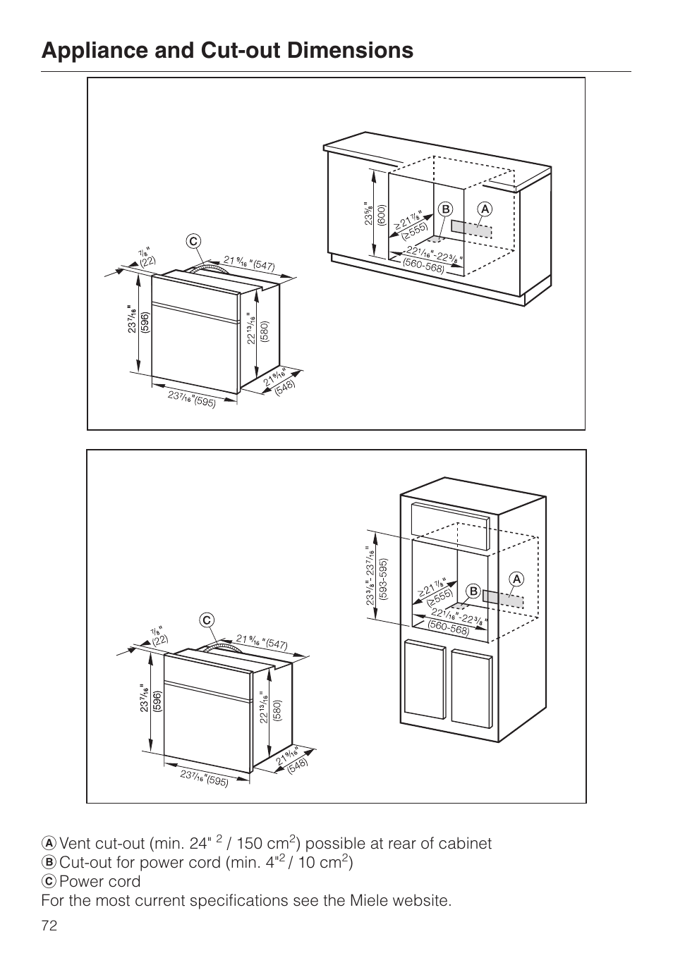 Appliance and cut-out dimensions 72, Appliance and cut-out dimensions | Miele H4680B User Manual | Page 72 / 76