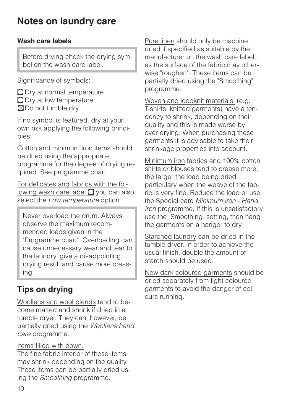 Notes on laundry care 10, Notes on laundry care, Tips on drying | Miele T 220 User Manual | Page 10 / 44