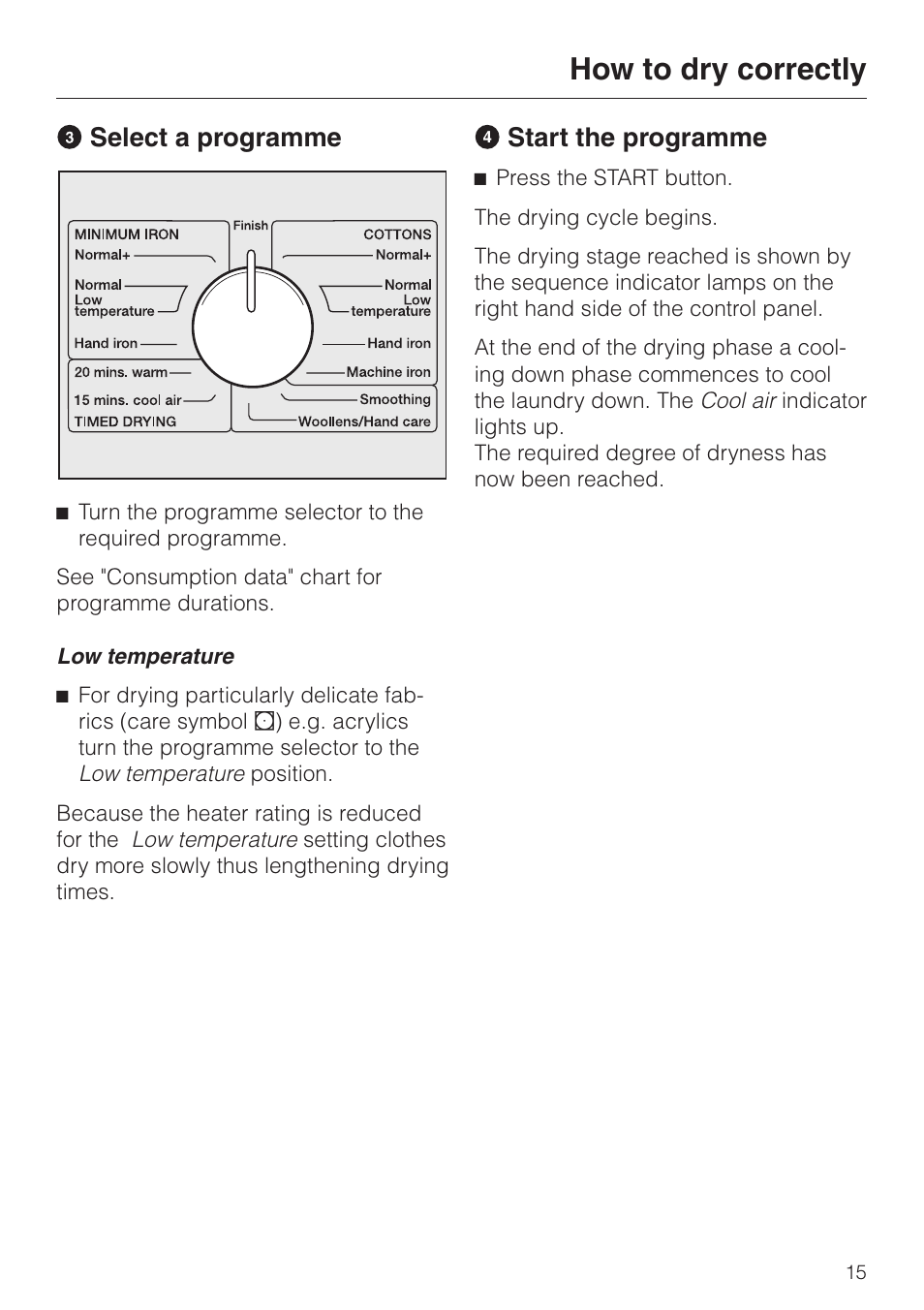 C se lect a programme 15, D start the programme 15, C select a programme d start the programme | How to dry correctly, Select a programme, Start the programme | Miele T 220 User Manual | Page 15 / 44