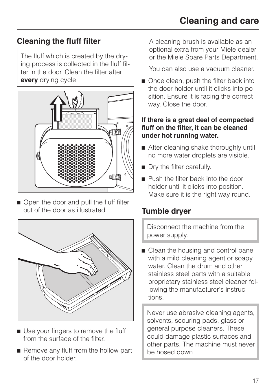 Cleaning and care 17, Cleaning the fluff filter 17, Tumble dryer 17 | Cleaning and care, Cleaning the fluff filter tumble dryer, Cleaning the fluff filter, Tumble dryer | Miele T 220 User Manual | Page 17 / 44