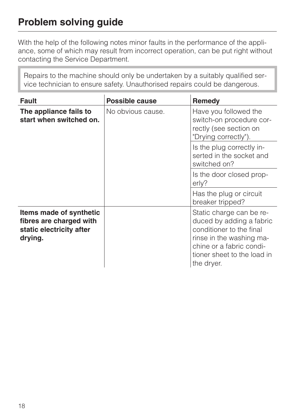 Problem solving guide 18, Problem solving guide | Miele T 220 User Manual | Page 18 / 44