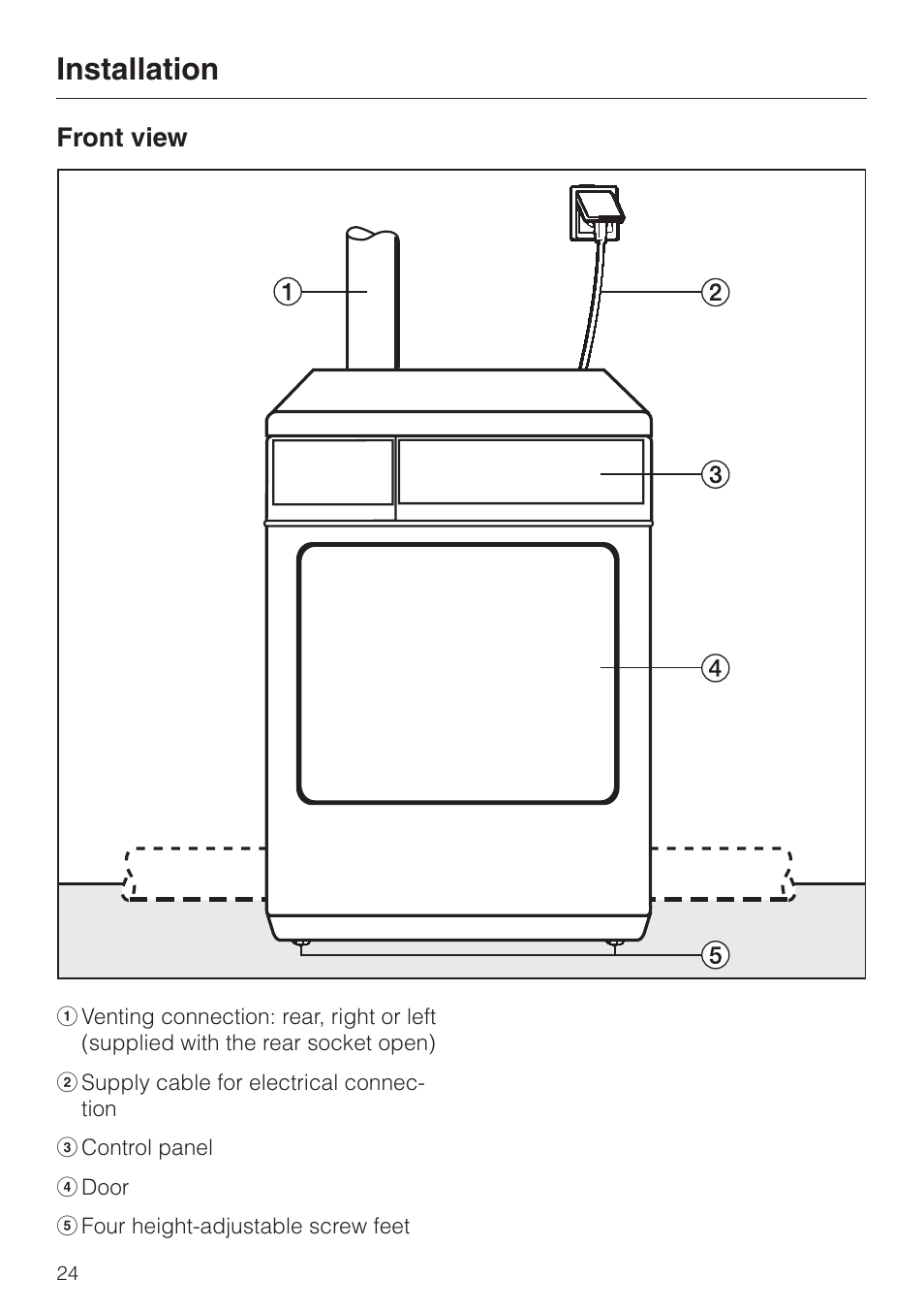Installation 24, Front view 24, Installation | Front view | Miele T 220 User Manual | Page 24 / 44