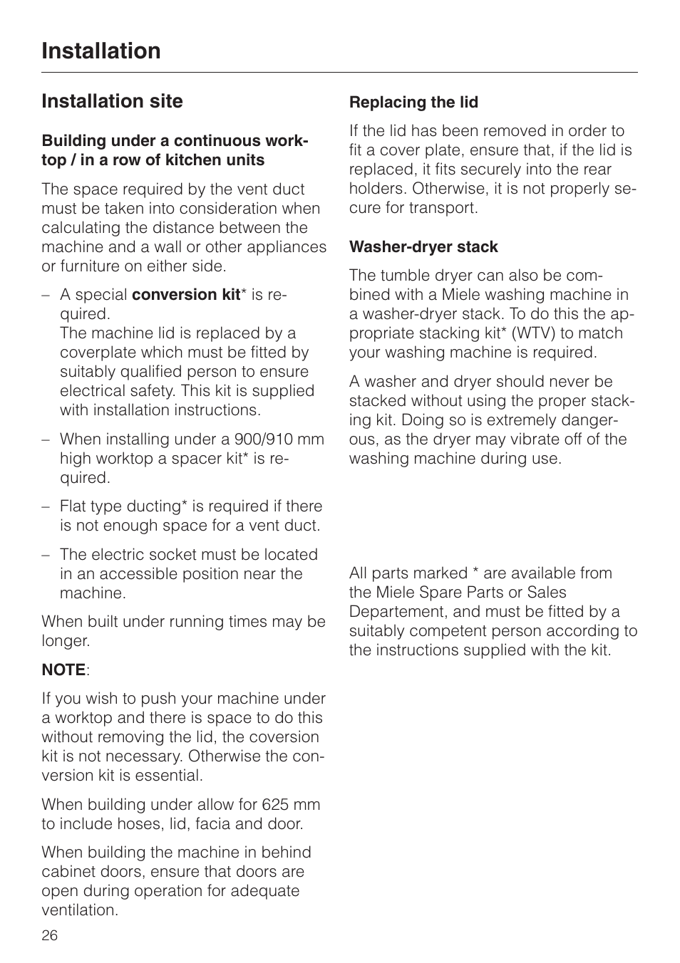 Installation site 26, Replacing the lid 26, Washer-dryer stack 26 | Installation site, Installation | Miele T 220 User Manual | Page 26 / 44