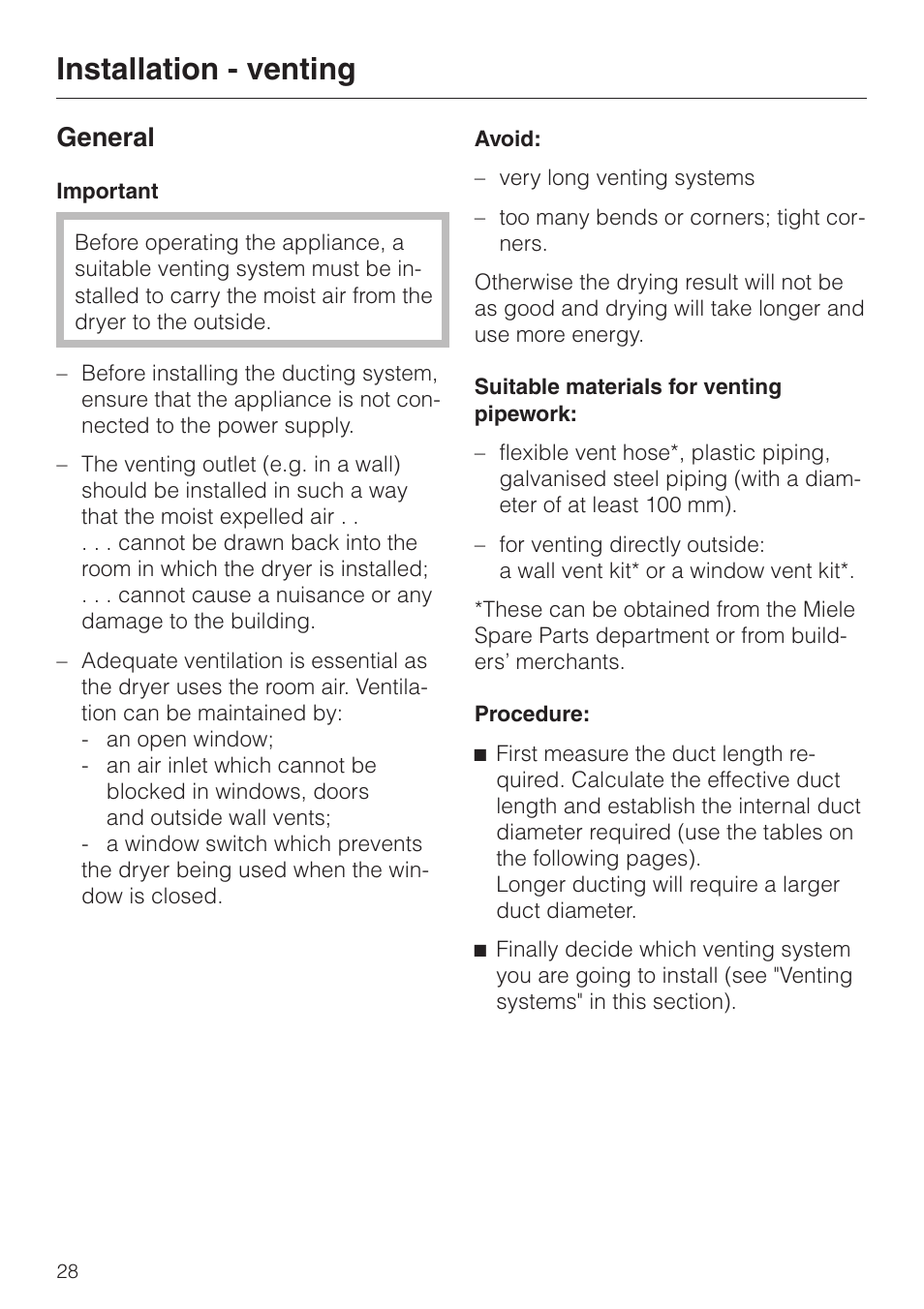 Installation - venting 28, General 28, Installation - venting | General | Miele T 220 User Manual | Page 28 / 44