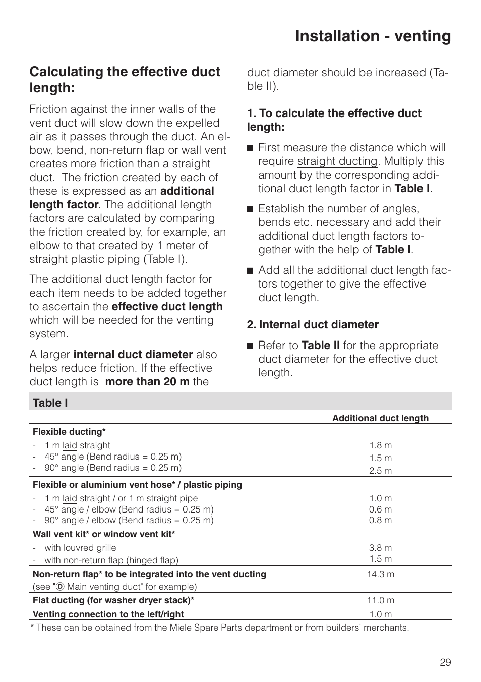 Calculating the effective duct length: 29, Calculating the effective duct length, Installation - venting | Miele T 220 User Manual | Page 29 / 44