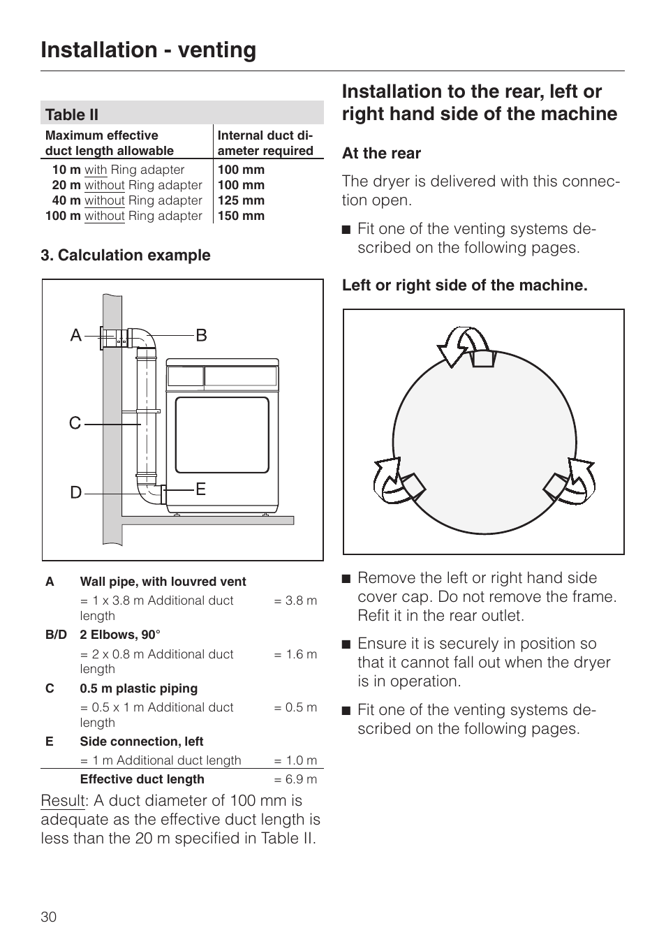 Installation - venting | Miele T 220 User Manual | Page 30 / 44