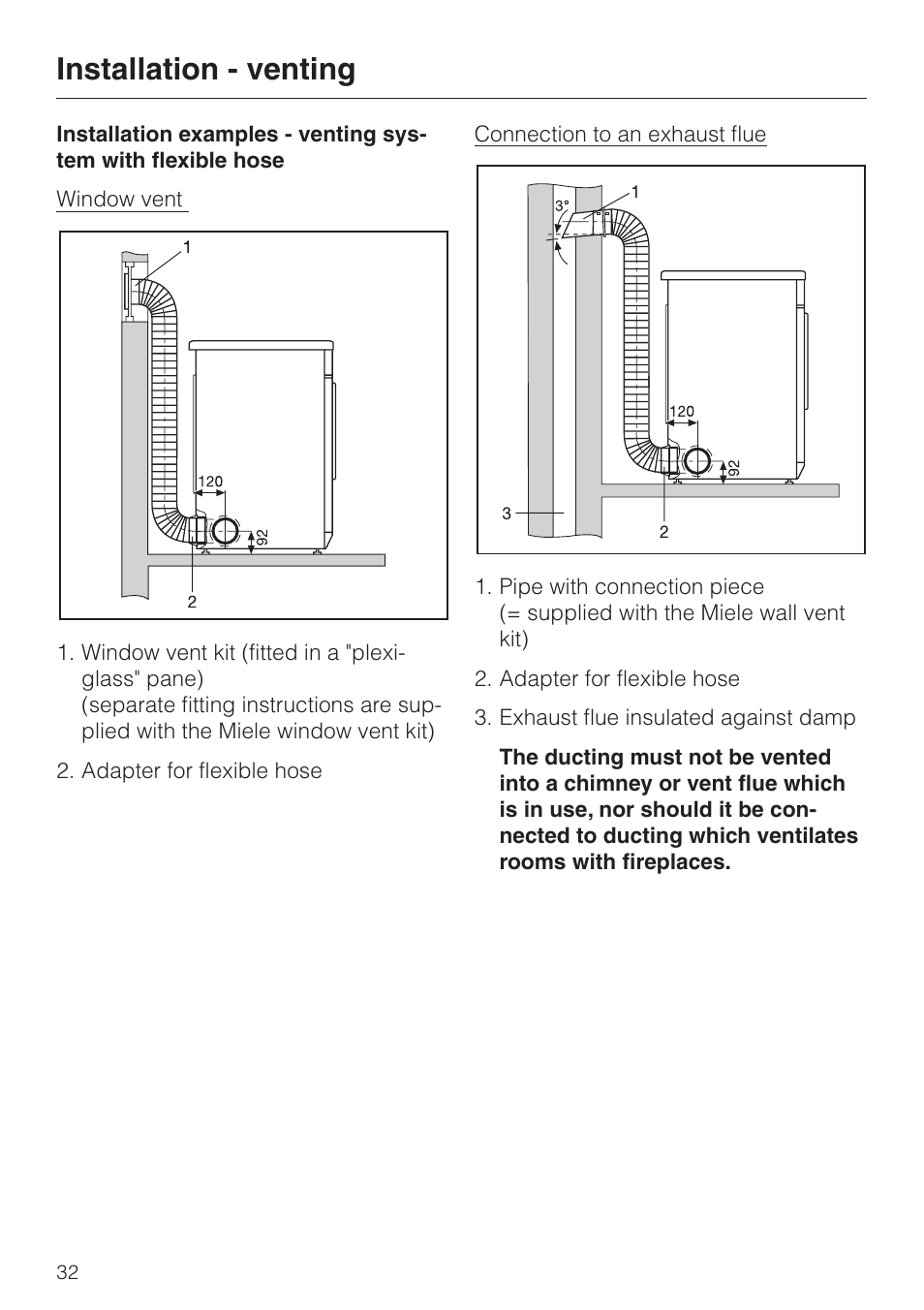 Installation - venting | Miele T 220 User Manual | Page 32 / 44