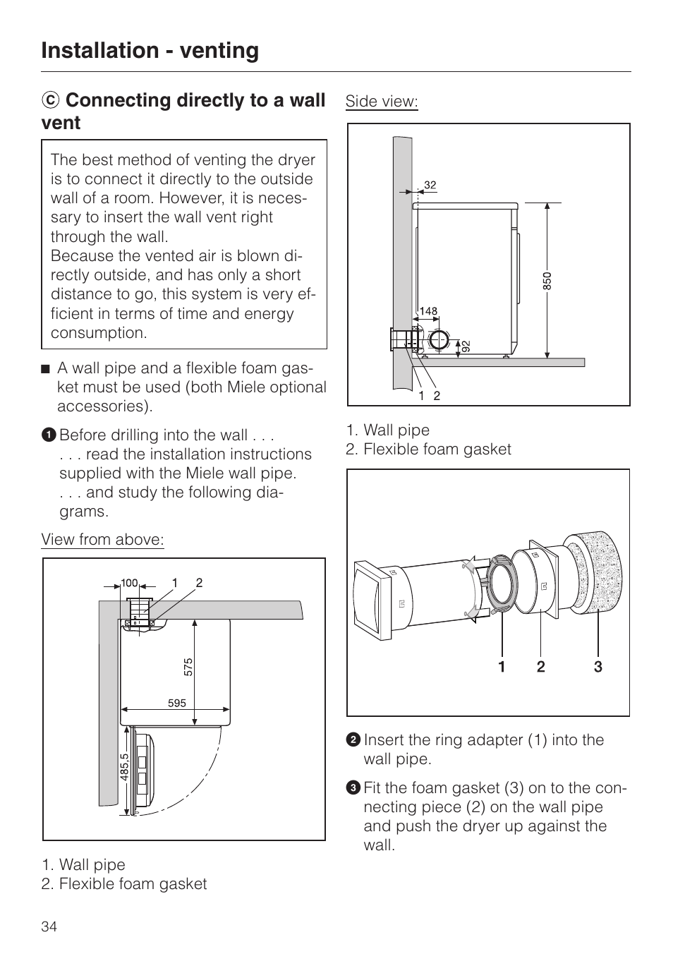 C con necting di rectly to a wall vent 34, C connecting directly to a wall vent, Installation - venting | Connecting directly to a wall vent | Miele T 220 User Manual | Page 34 / 44