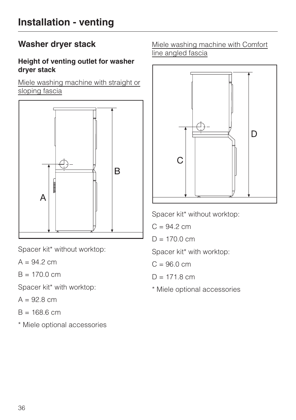 Washer dryer stack 36, Washer dryer stack, Installation - venting | Miele T 220 User Manual | Page 36 / 44