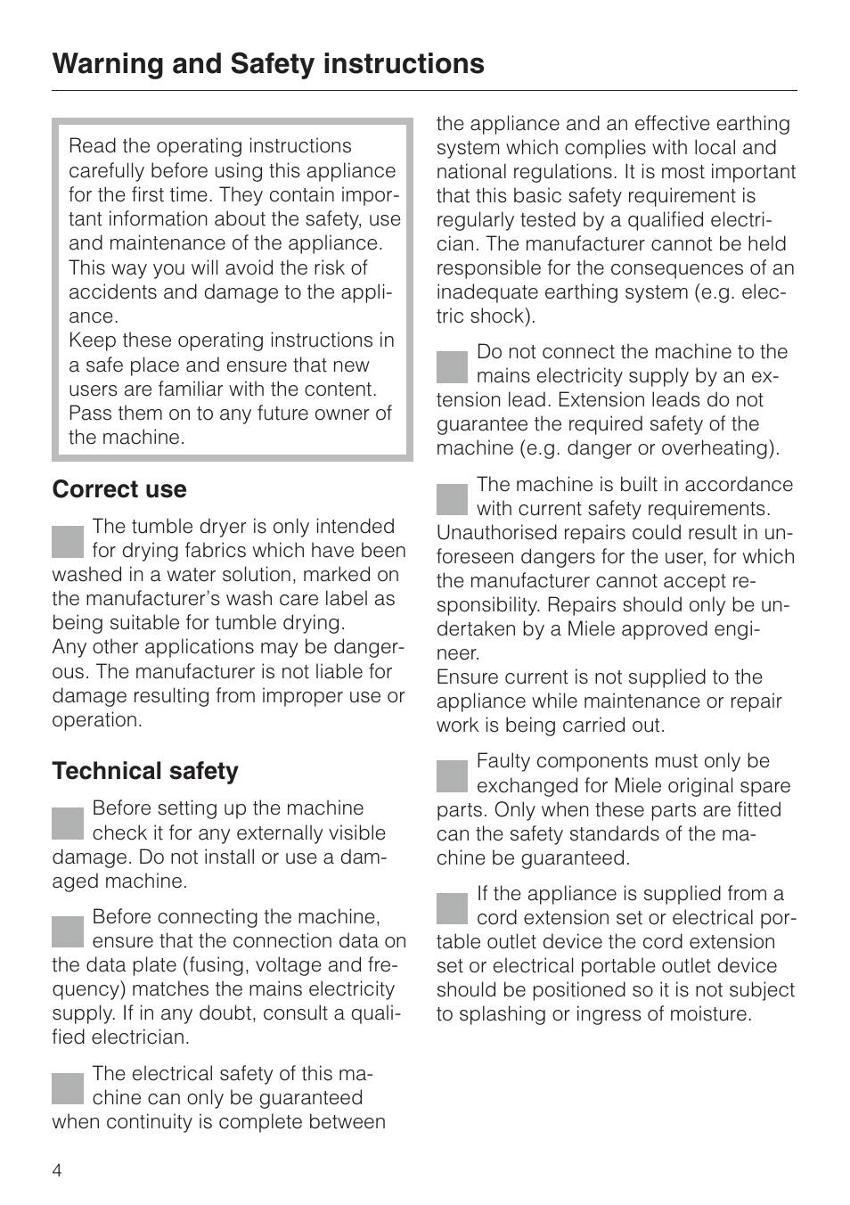 Warning and safety instructions 4, Warning and safety instructions, Correct use | Technical safety | Miele T 220 User Manual | Page 4 / 44