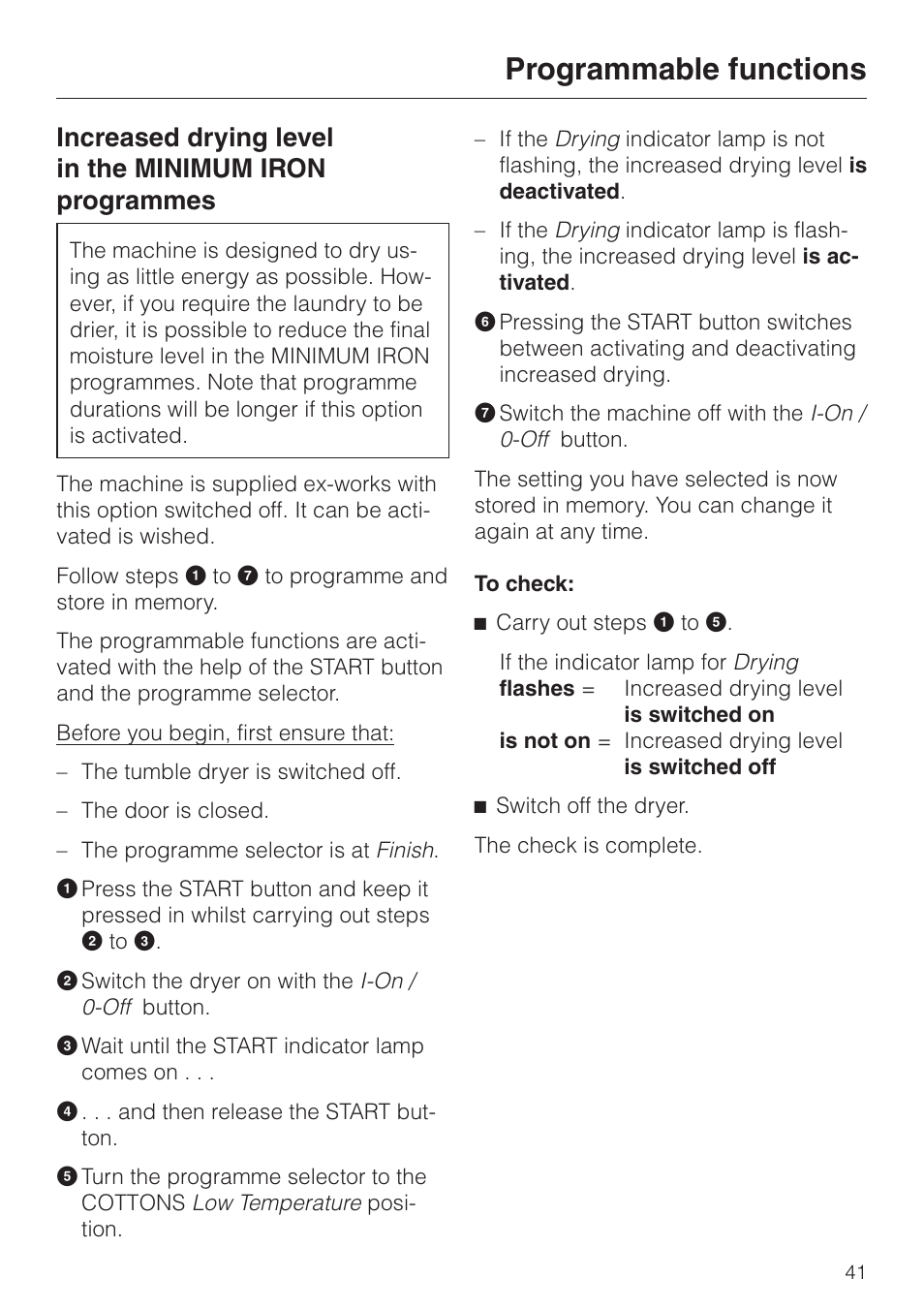 Programmable functions | Miele T 220 User Manual | Page 41 / 44
