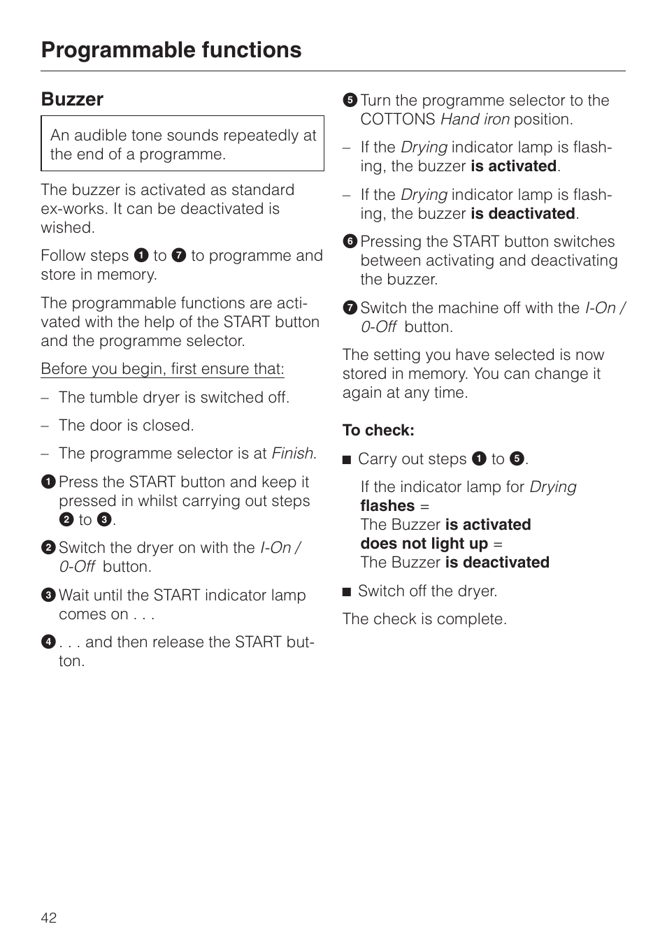 Buzzer 42, Buzzer, Programmable functions | Miele T 220 User Manual | Page 42 / 44