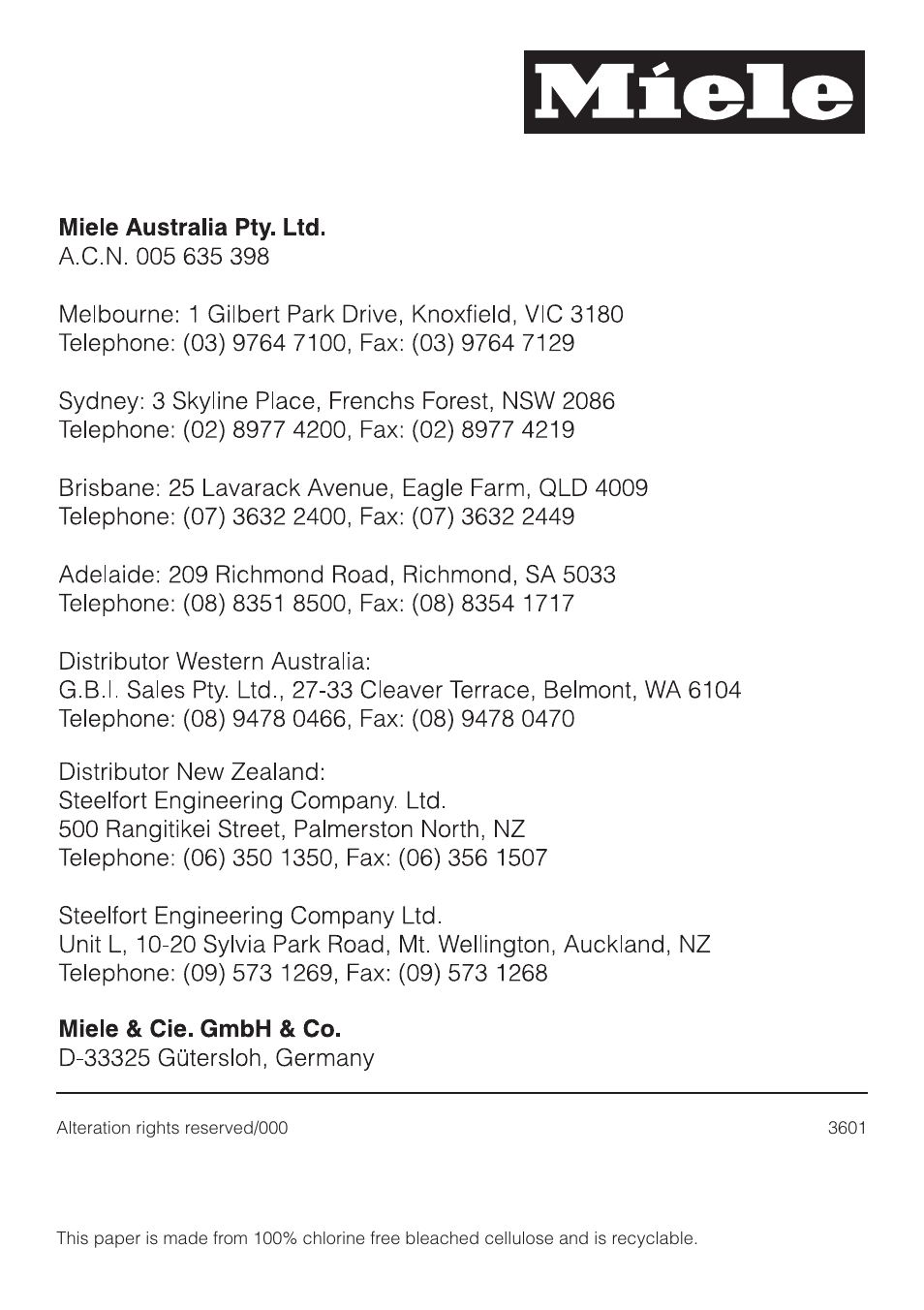 Miele T 220 User Manual | Page 44 / 44