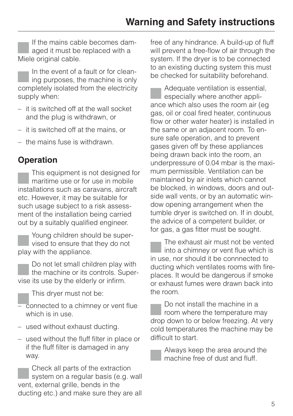 Warning and safety instructions, Operation | Miele T 220 User Manual | Page 5 / 44