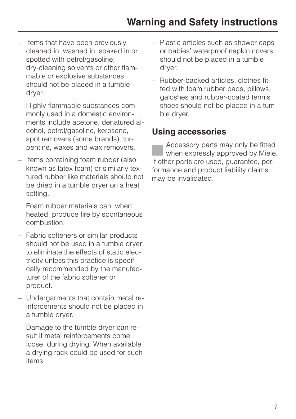 Warning and safety instructions, Using accessories | Miele T 220 User Manual | Page 7 / 44