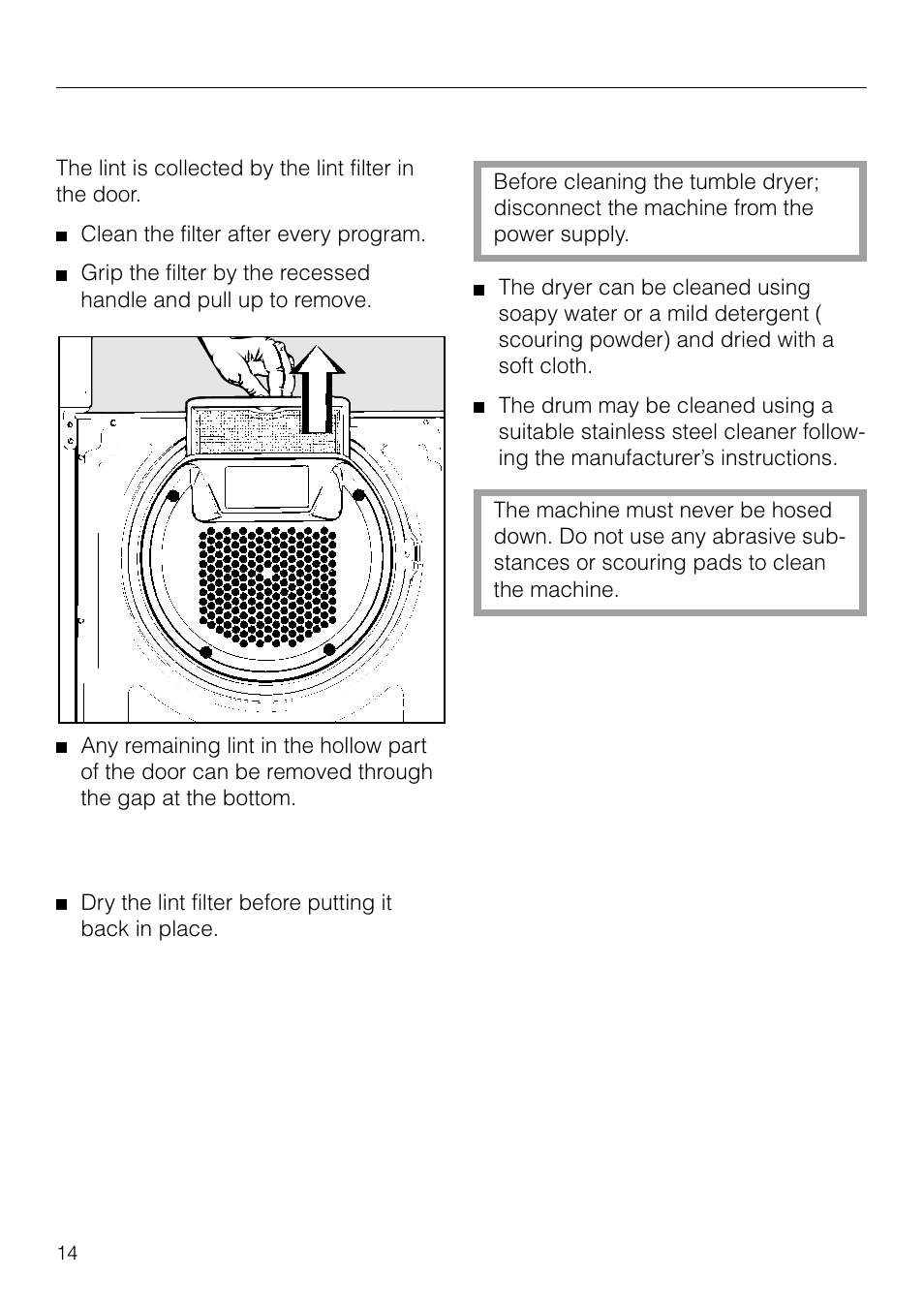 Cleaning and care 14, Problem solving guide 15, Cleaning and care | Cleaning the lint filter, Cleaning the dryer | Miele T1526 User Manual | Page 14 / 28
