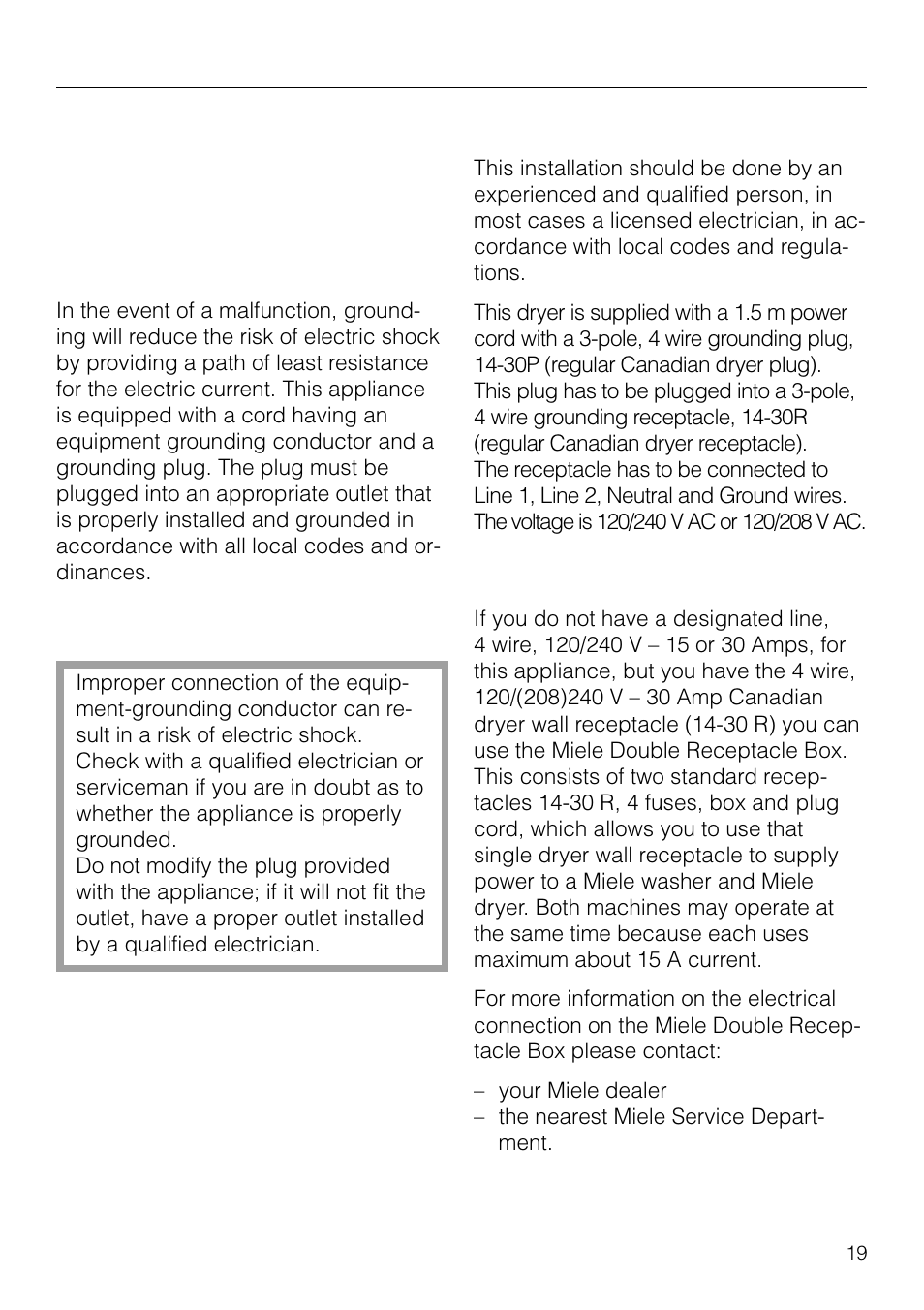 Installation instructions, Grounding and electrical connection 19, Grounding and electrical connection | Miele T1526 User Manual | Page 19 / 28