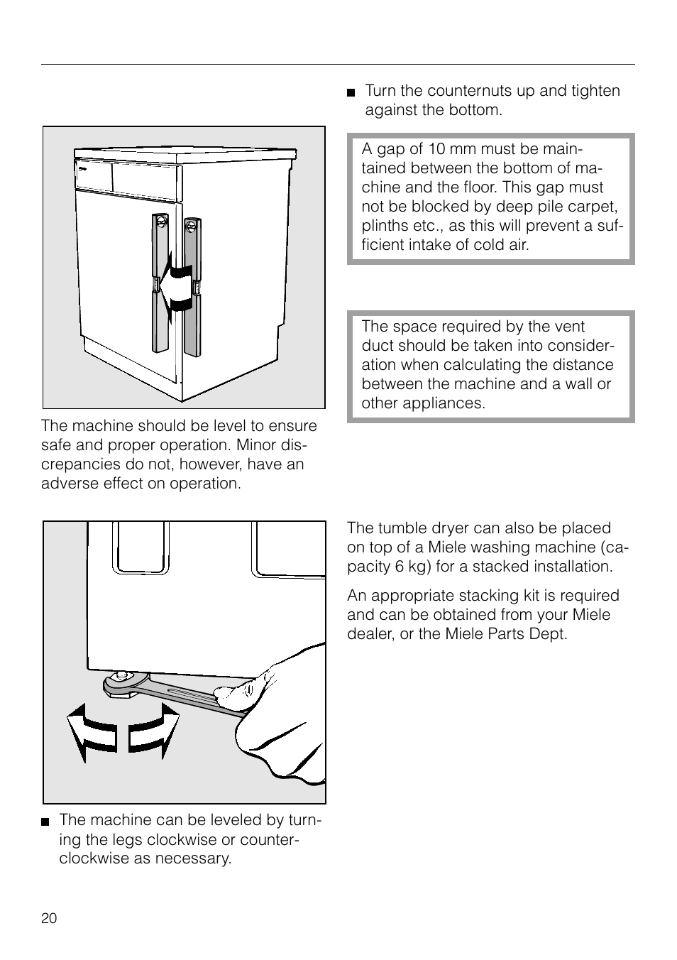 Installation 20, Installation, Installation instructions | Where to install the machine | Miele T1526 User Manual | Page 20 / 28
