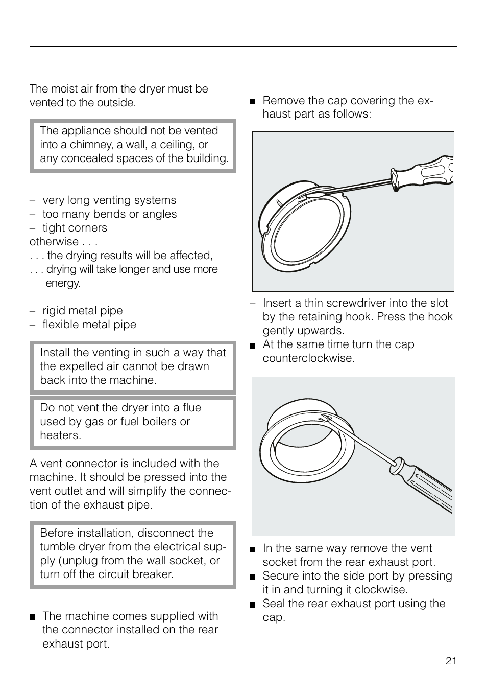 Installation - venting 21, Technical data 26, Installation - venting | Installation instructions, Exhaust venting | Miele T1526 User Manual | Page 21 / 28