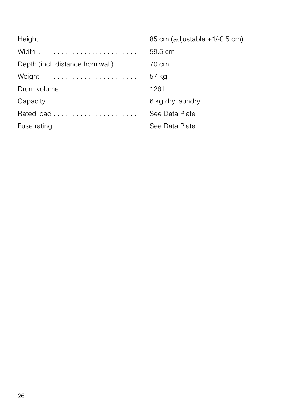 Technical data 26, Consumption data 27, Technical data | Miele T1526 User Manual | Page 26 / 28