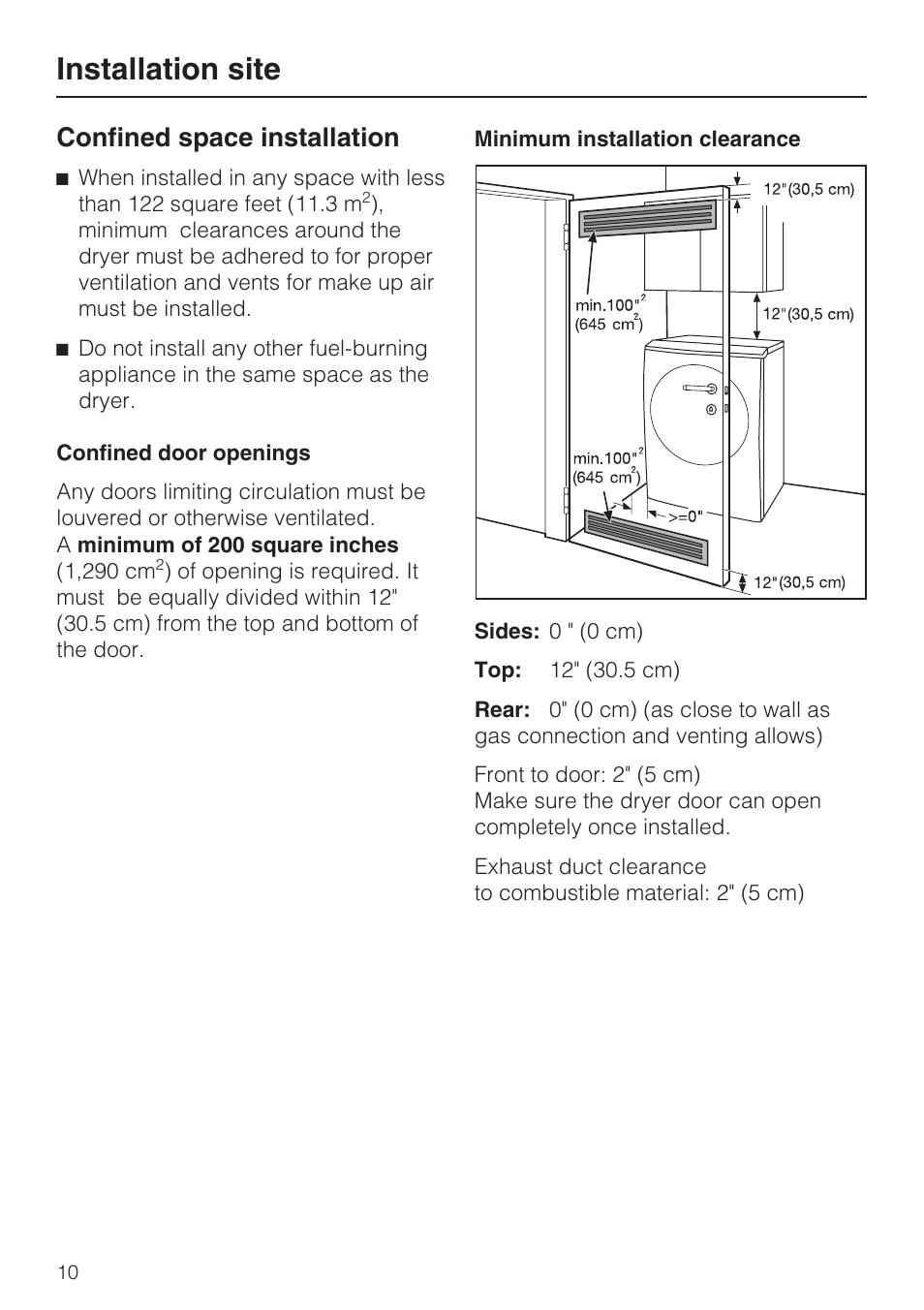 Installation site, Confined space installation | Miele TOUCHTRONIC T 9822 User Manual | Page 10 / 28