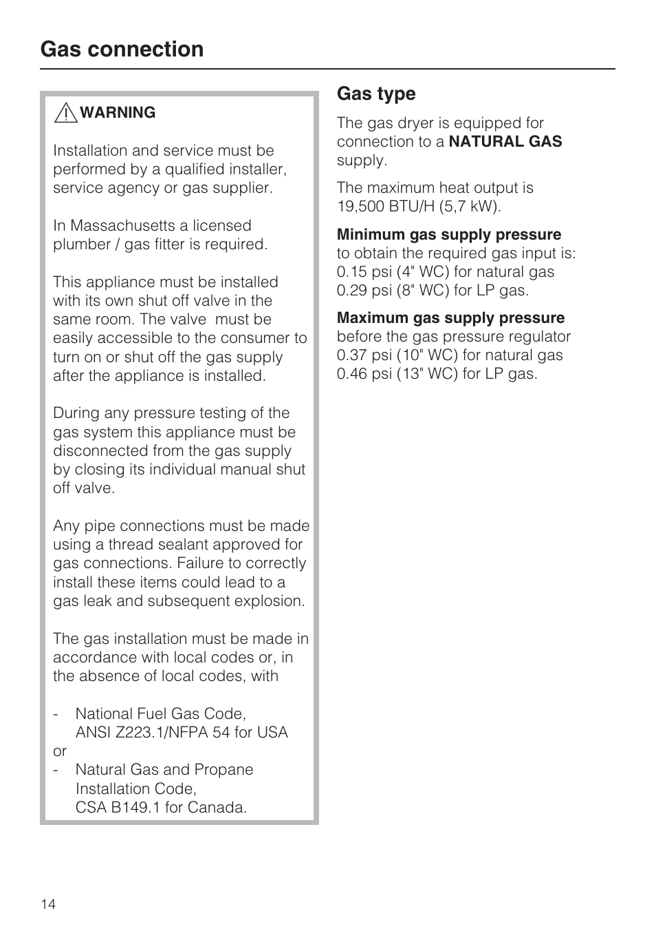 Gas connection 14, Gas connection, Gas type | Miele TOUCHTRONIC T 9822 User Manual | Page 14 / 28