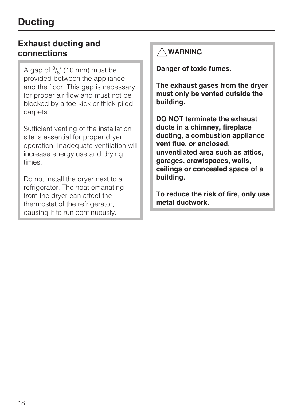 Ducting 18, Ducting, Exhaust ducting and connections | Miele TOUCHTRONIC T 9822 User Manual | Page 18 / 28