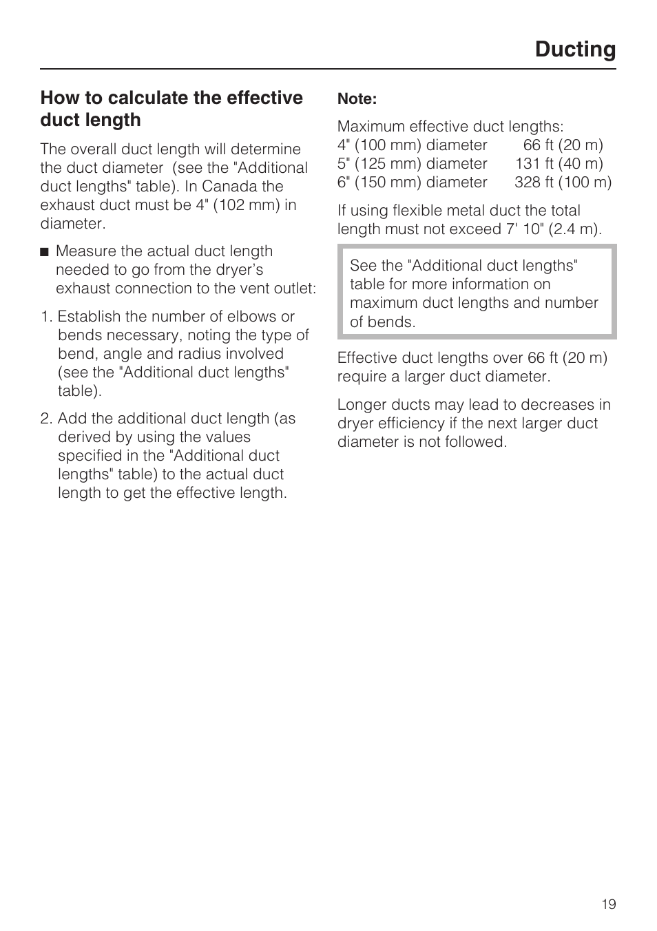 How to calculate the effective duct length 19, Ducting, How to calculate the effective duct length | Miele TOUCHTRONIC T 9822 User Manual | Page 19 / 28