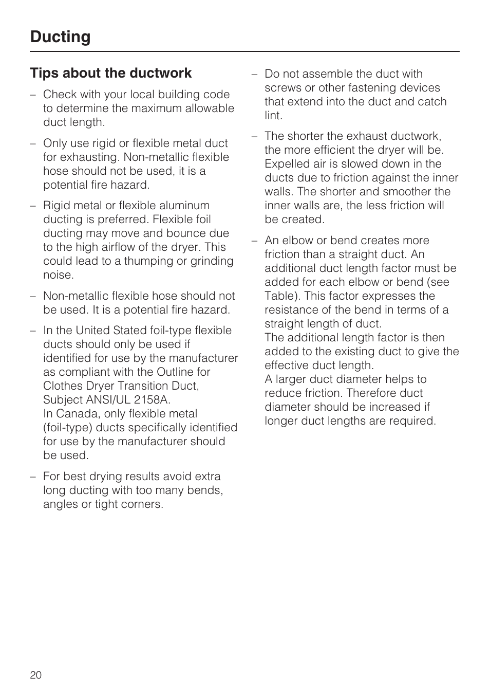 Ducting, Tips about the ductwork | Miele TOUCHTRONIC T 9822 User Manual | Page 20 / 28