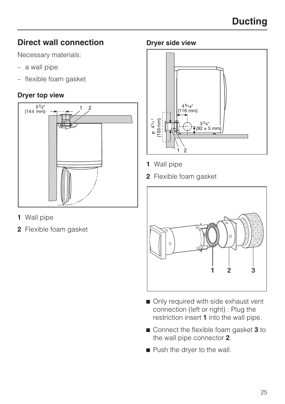 Direct wall connection 25, Ducting, Direct wall connection | Miele TOUCHTRONIC T 9822 User Manual | Page 25 / 28