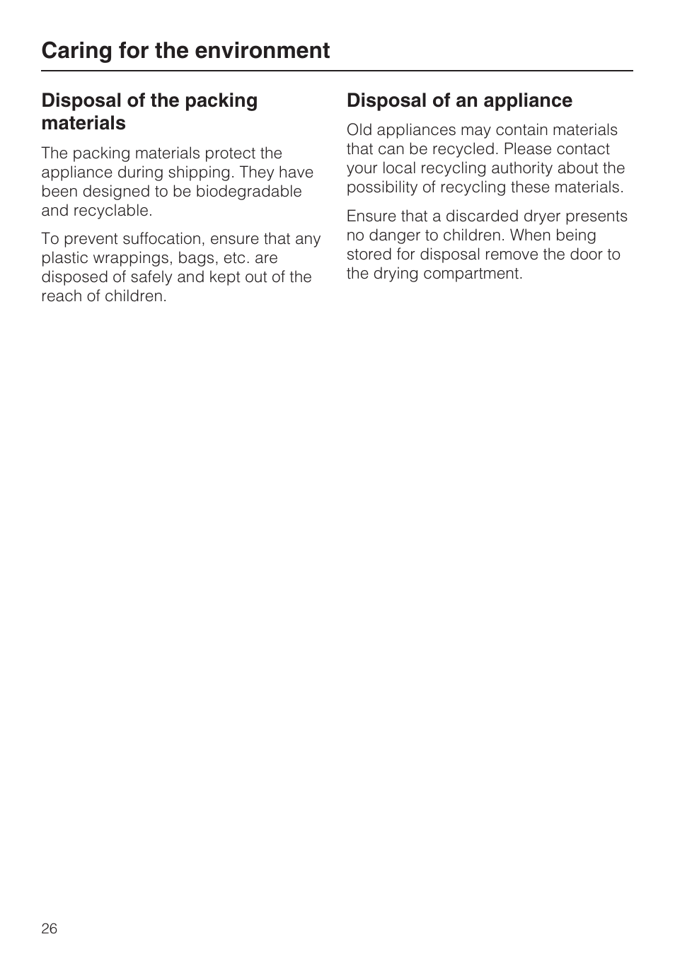 Caring for the environment 26, Caring for the environment | Miele TOUCHTRONIC T 9822 User Manual | Page 26 / 28