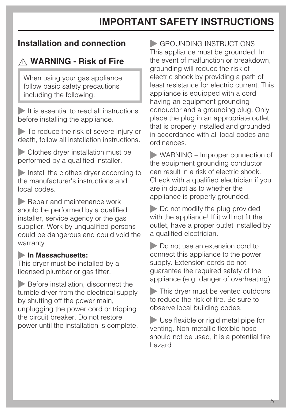 Important safety instructions 5, Important safety instructions | Miele TOUCHTRONIC T 9822 User Manual | Page 5 / 28